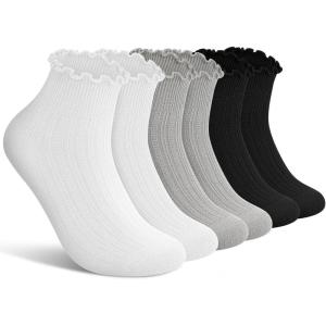image:imagewernies Ruffle Socks Womens 6 PairsCute Ankle Lettuce Edge Frilly Athletic Crew Socks2black2white2gray6 Pairs